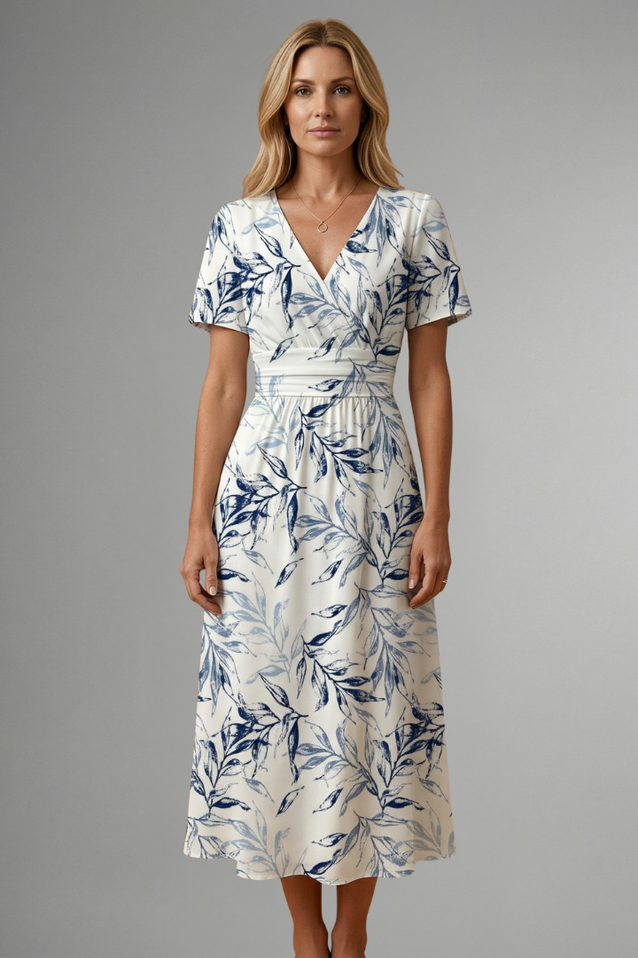Floral Print V-Neck Midi Dress with A-Line Skirt