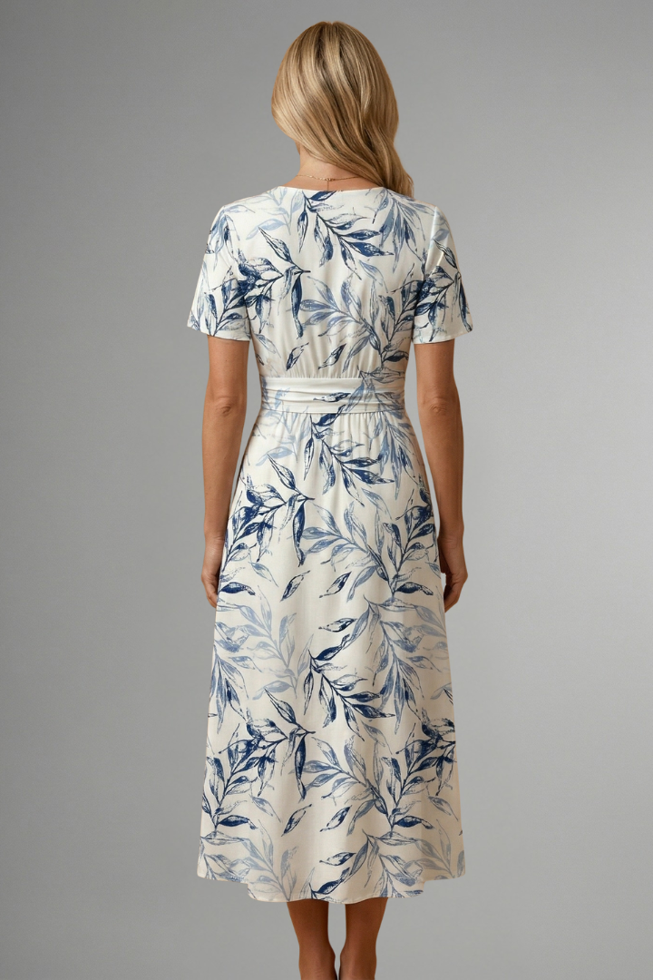 Floral Print V-Neck Midi Dress with A-Line Skirt