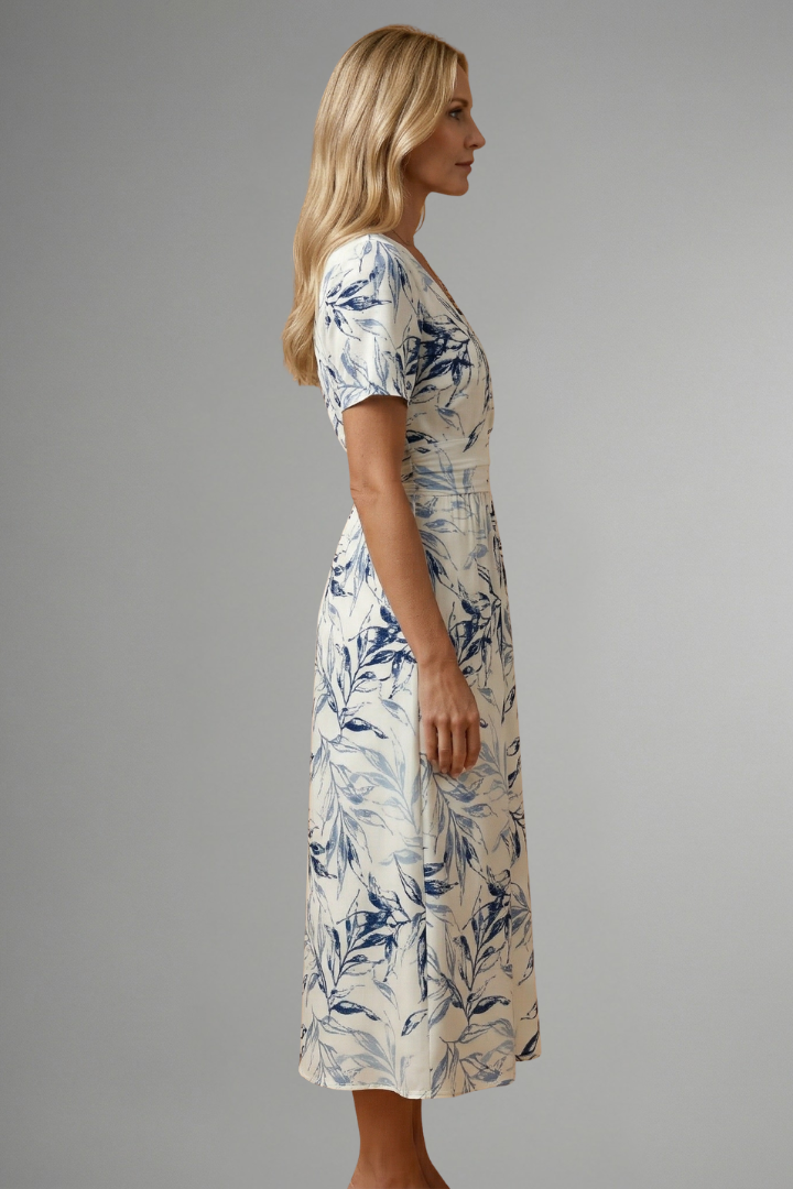 Floral Print V-Neck Midi Dress with A-Line Skirt