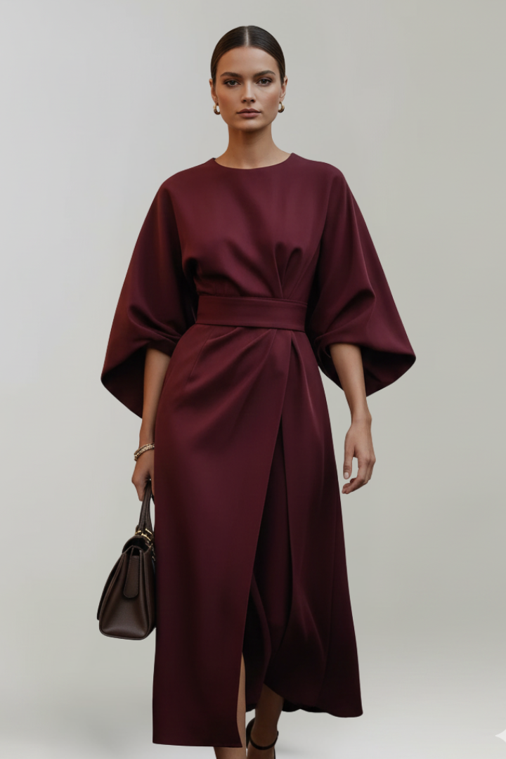 Belted Midi Dress with Wide Elbow-Length Sleeves