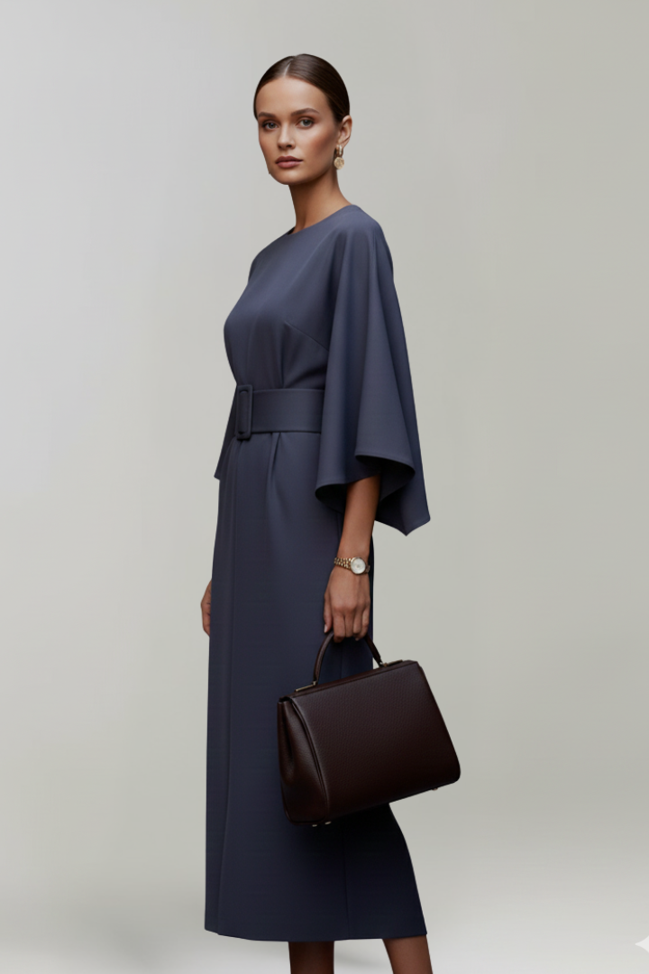 Belted Midi Dress with Wide Elbow-Length Sleeves