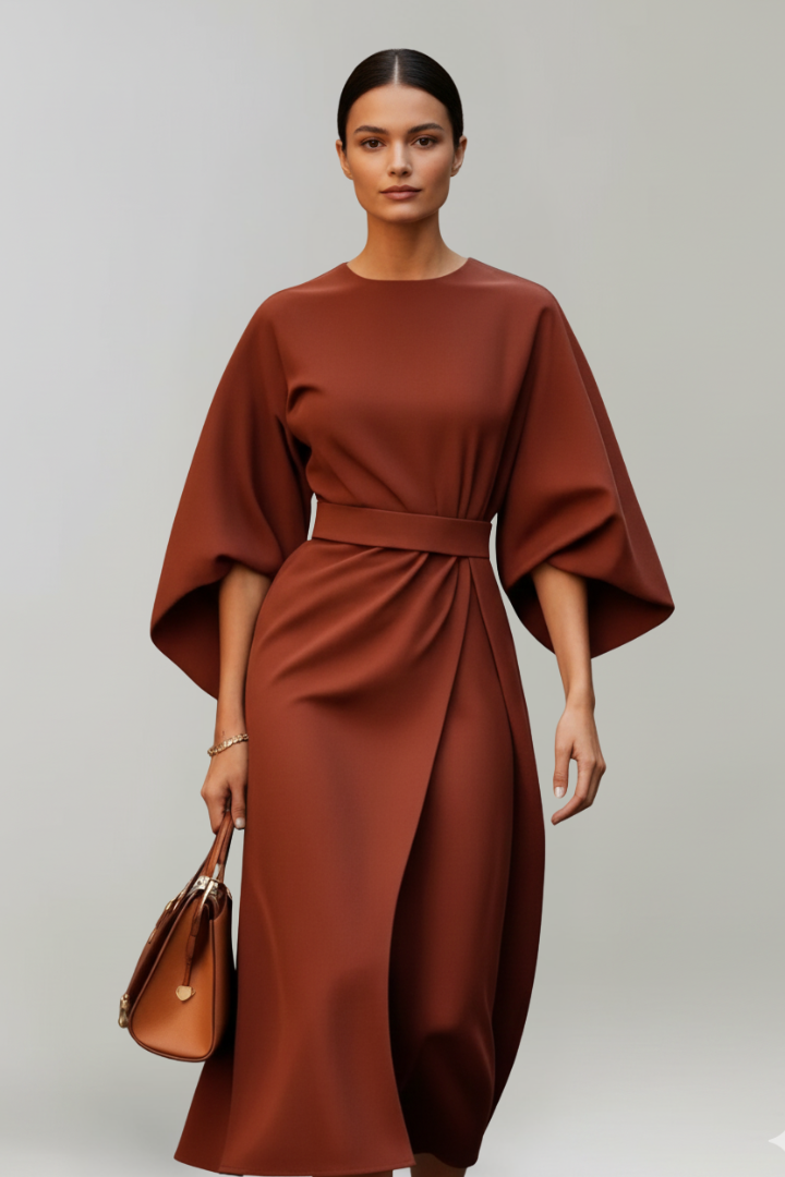Belted Midi Dress with Wide Elbow-Length Sleeves