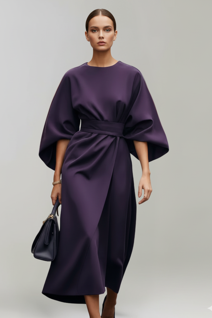 Belted Midi Dress with Wide Elbow-Length Sleeves