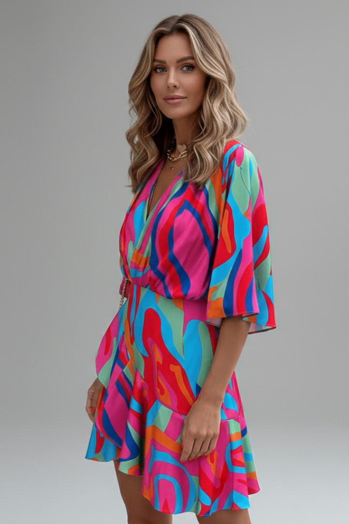 Mini Dress with Batwing Sleeves and Adjustable Waist Tie