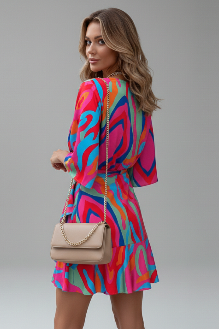 Mini Dress with Batwing Sleeves and Adjustable Waist Tie