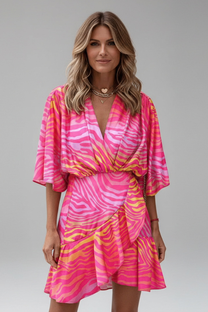Mini Dress with Batwing Sleeves and Adjustable Waist Tie