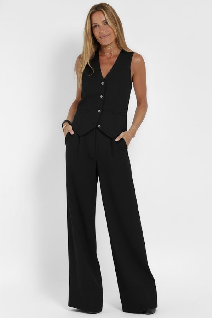 V-Neck Waistcoat and Wide-Leg Trousers Two-Piece Set