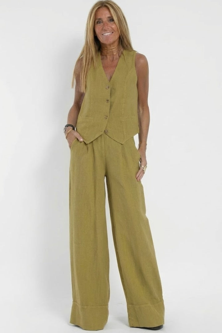 V-Neck Waistcoat and Wide-Leg Trousers Two-Piece Set
