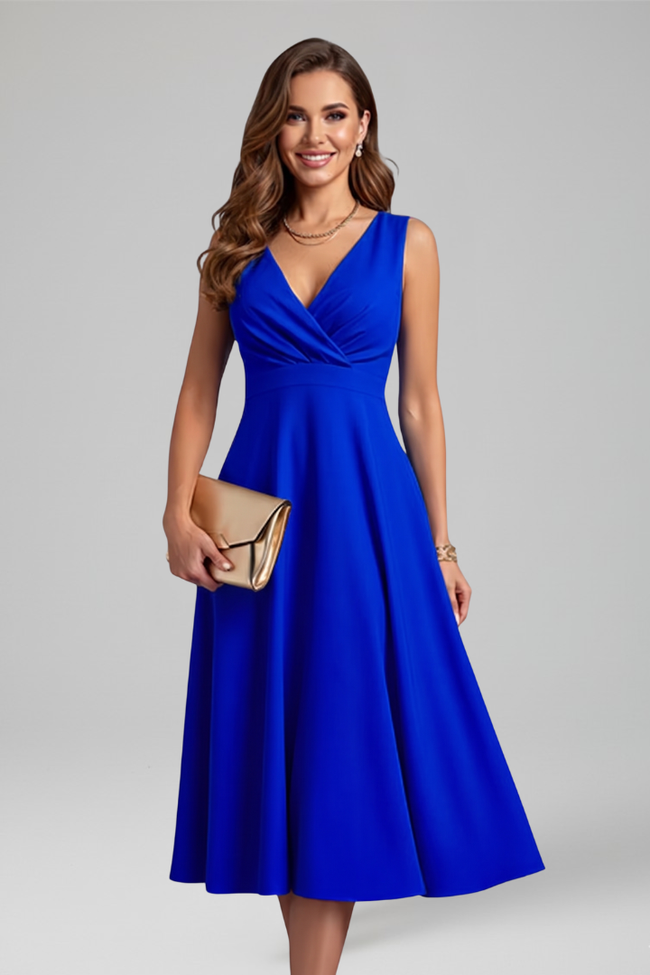 Sleeveless V-Neck Midi Dress with Back Zip and A-Line Skirt