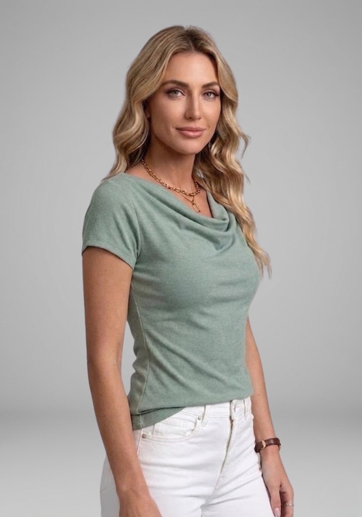 Draped Cowl Neck Blouse With Short Sleeves