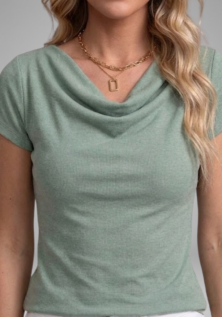 Draped Cowl Neck Blouse With Short Sleeves