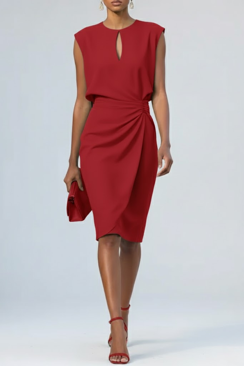 Keyhole Neck Ruched Waist Midi Cocktail Dress