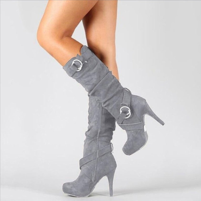Knee High Stiletto Boots With Ring Buckle Straps