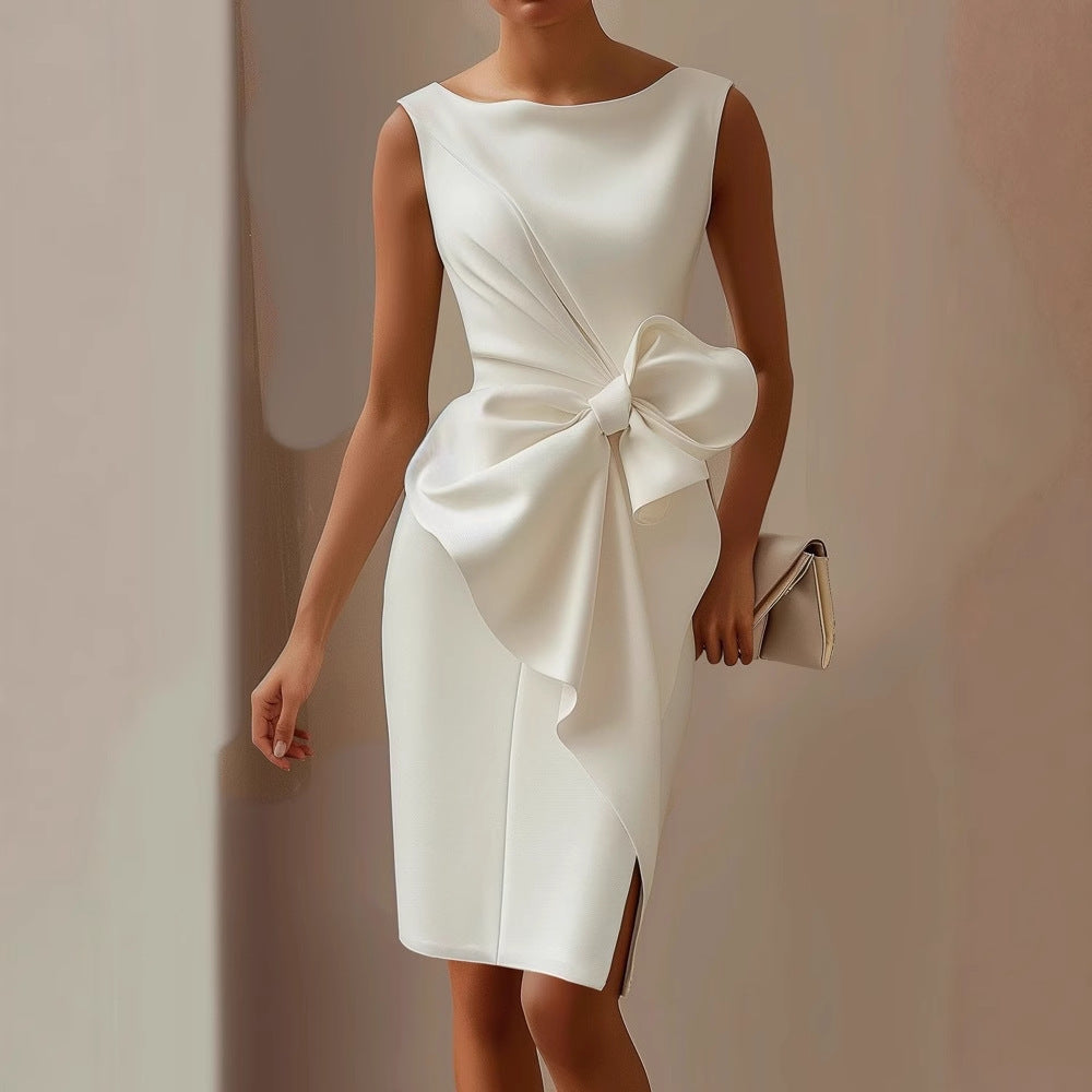 Sleeveless Boat Neck Midi Dress with Side Bow Detail