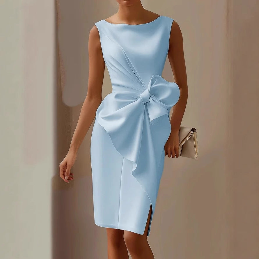 Sleeveless Boat Neck Midi Dress with Side Bow Detail