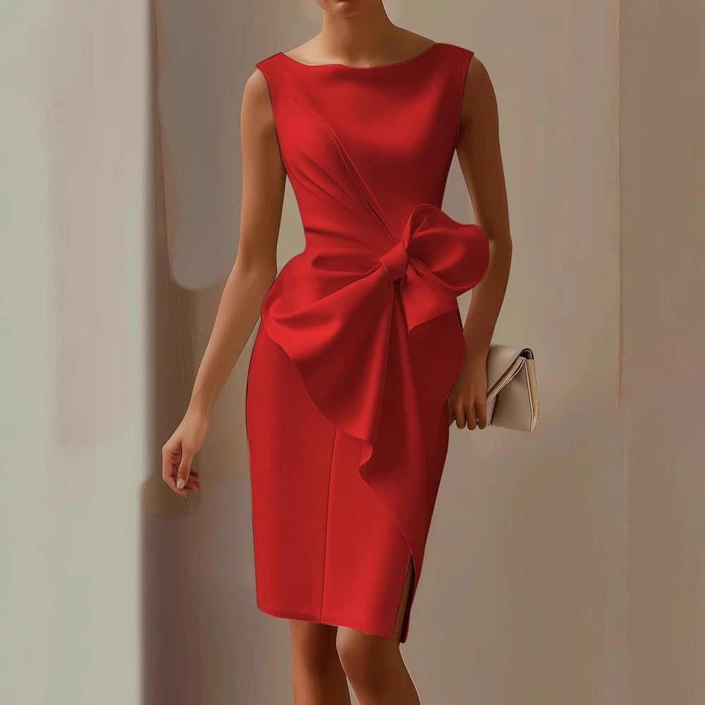 Sleeveless Boat Neck Midi Dress with Side Bow Detail