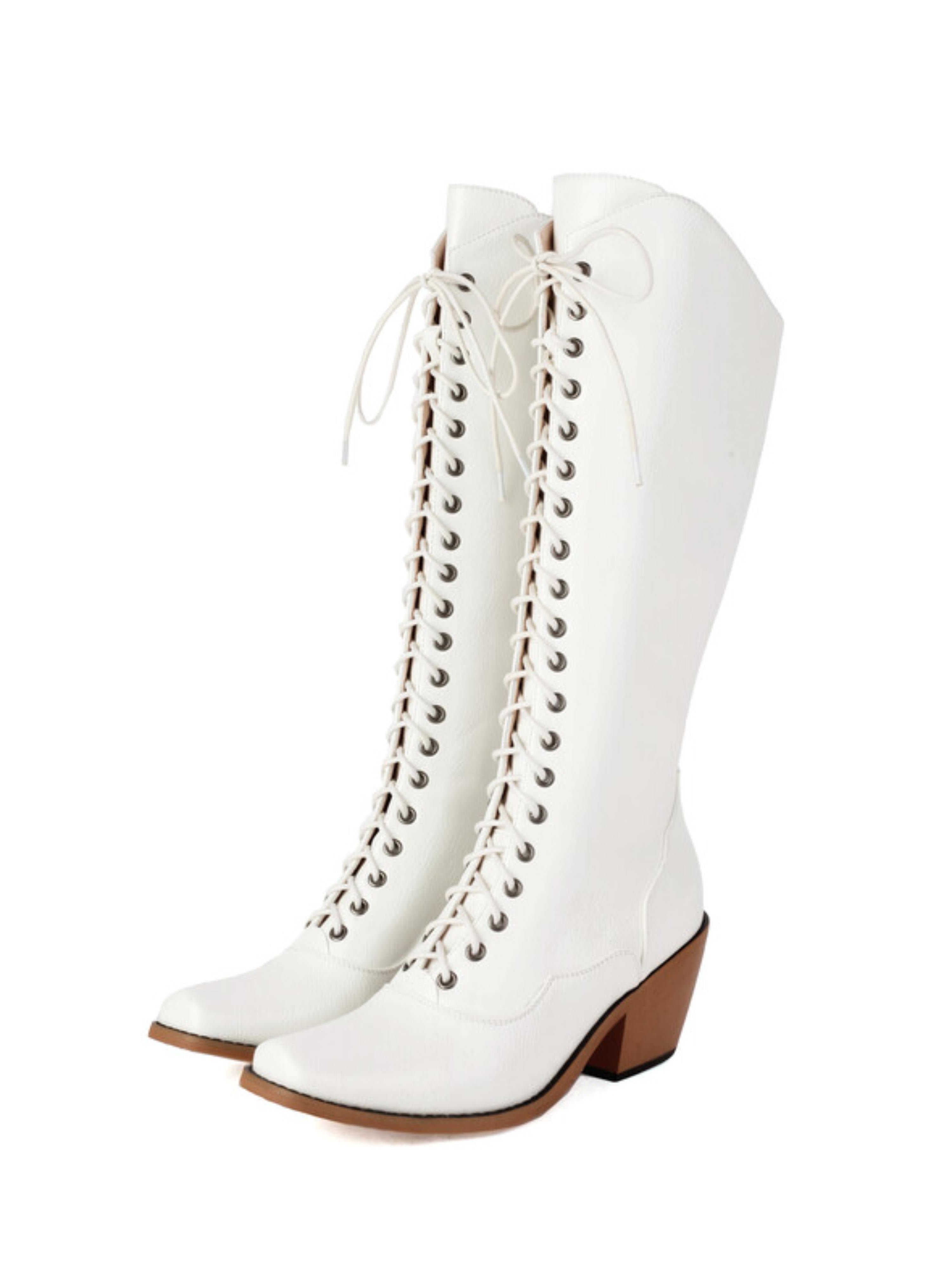 White Knee High Square Toe Cowgirl Boots with Lace Up
