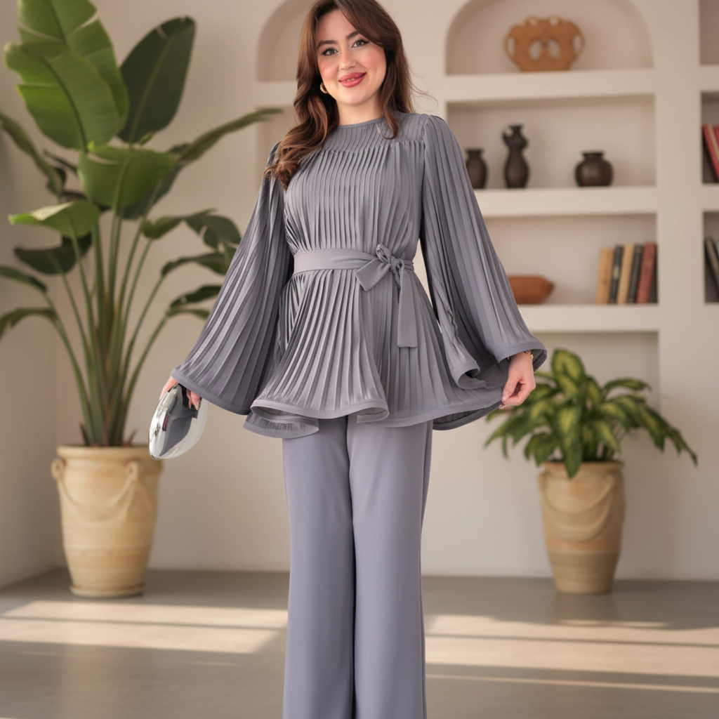 Pleated Blouse Wide Leg Two-Piece Set