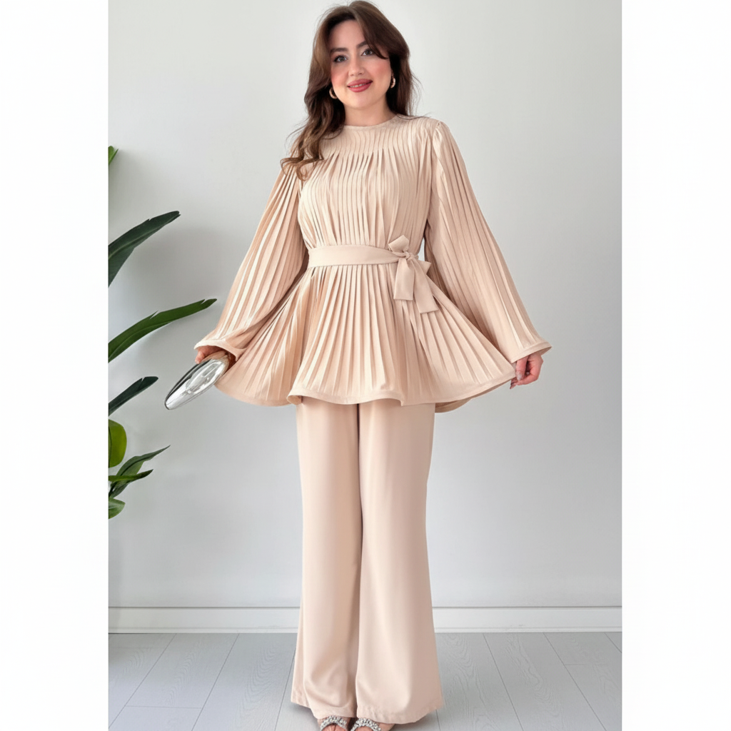 Pleated Blouse Wide Leg Two-Piece Set