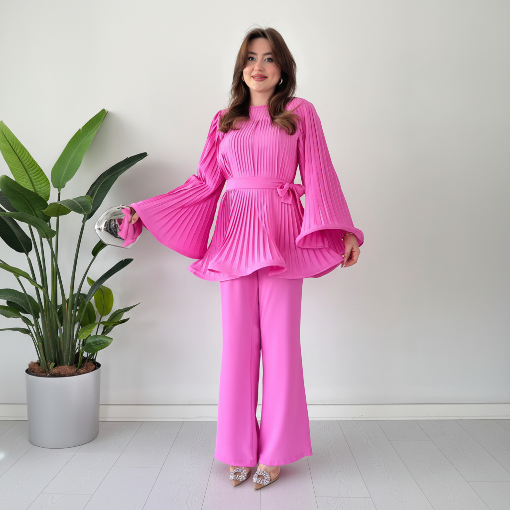 Pleated Blouse Wide Leg Two-Piece Set