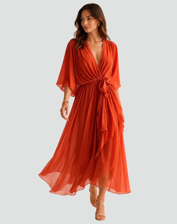 Wrap Neckline Midi Dress With Tie Waist