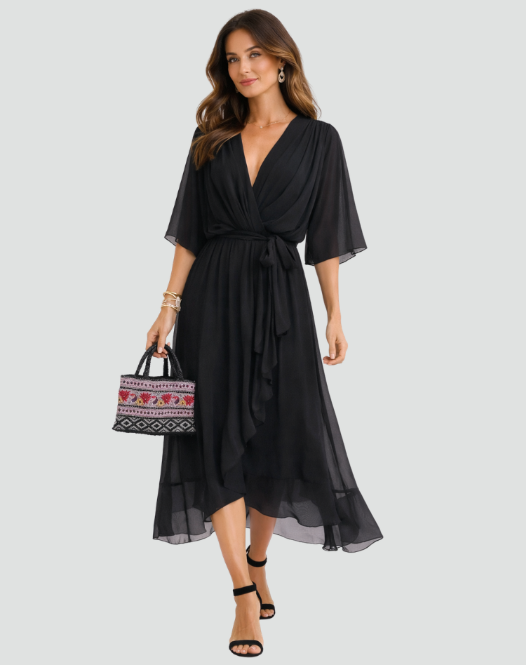 Wrap Neckline Midi Dress With Tie Waist