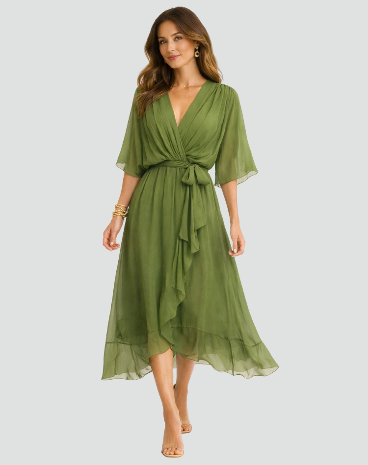 Wrap Neckline Midi Dress With Tie Waist