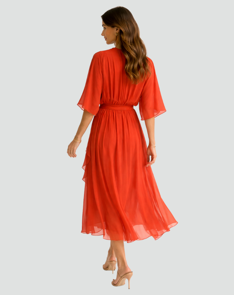 Wrap Neckline Midi Dress With Tie Waist