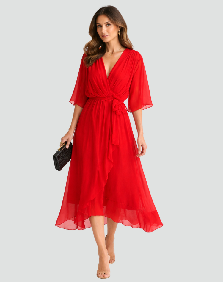 Wrap Neckline Midi Dress With Tie Waist