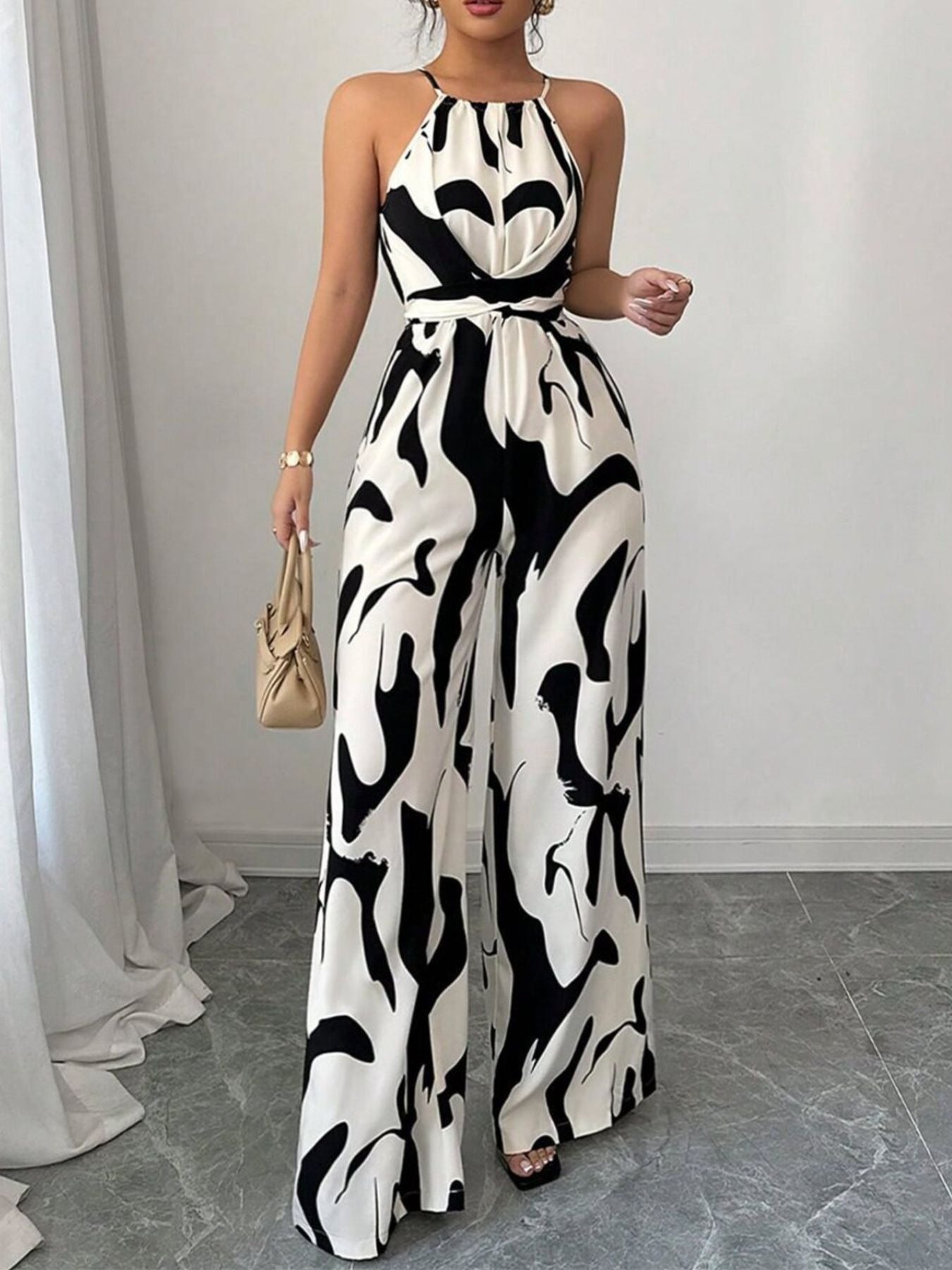 Women's Abstract Print Wide Leg Tie Waist Jumpsuit
