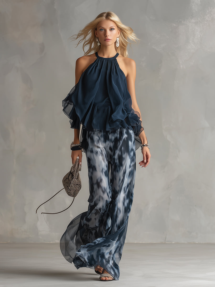 High-Neck Blouse and Printed Wide-Leg Trousers Set