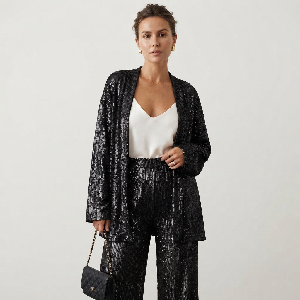 Amelia Hughes Sequin Cardigan Wide-Leg Set
