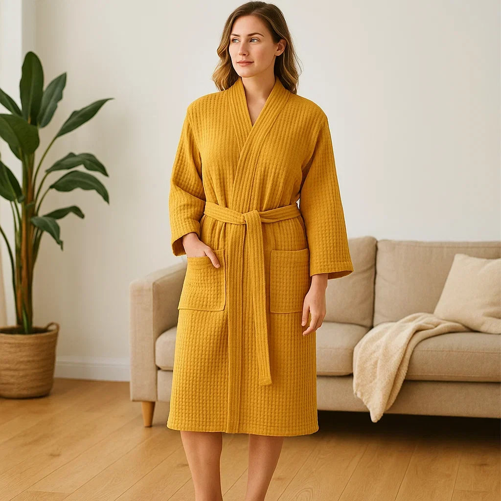 Pure Cotton Waffle Robe With V Neckline