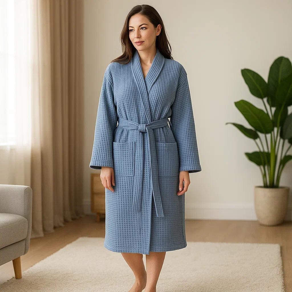 Pure Cotton Waffle Robe With V Neckline