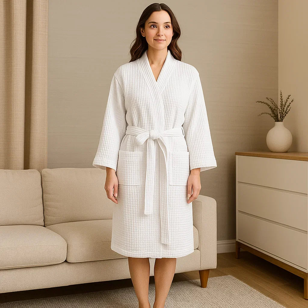 Pure Cotton Waffle Robe With V Neckline