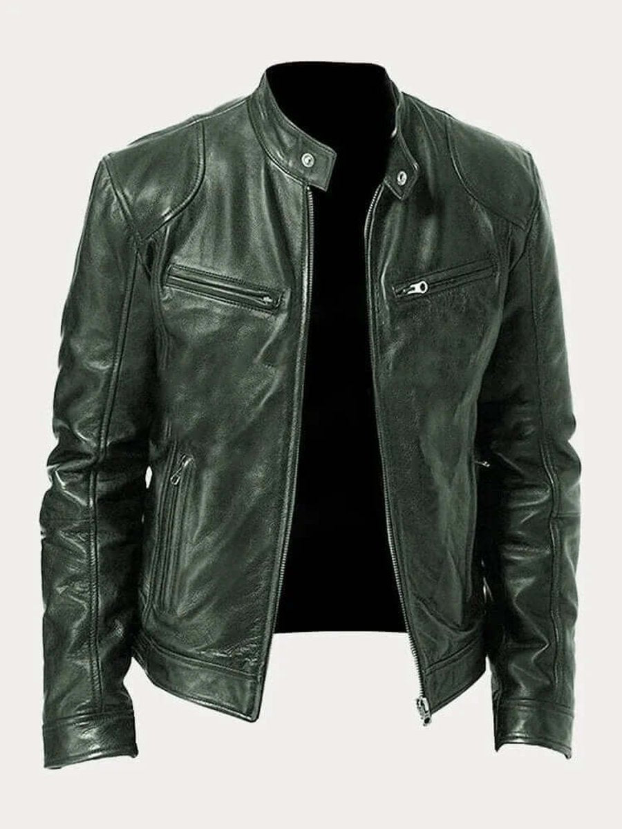 Classic Stand Collar Genuine Leather Biker Jacket