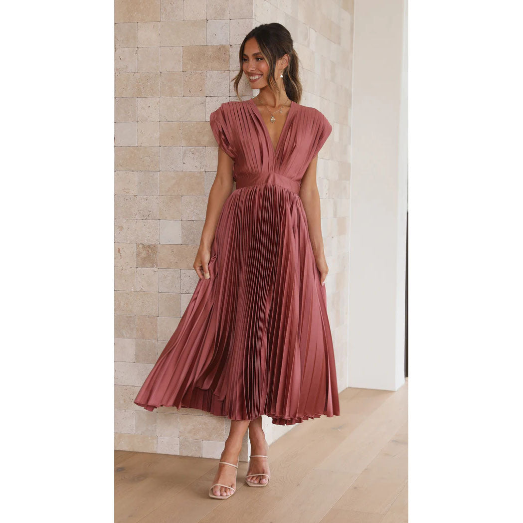 Pleated V-Neck Midi Dress