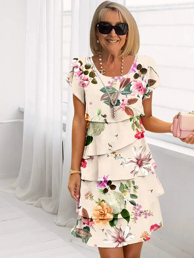 Ruffled Floral Pleated Midi Dress