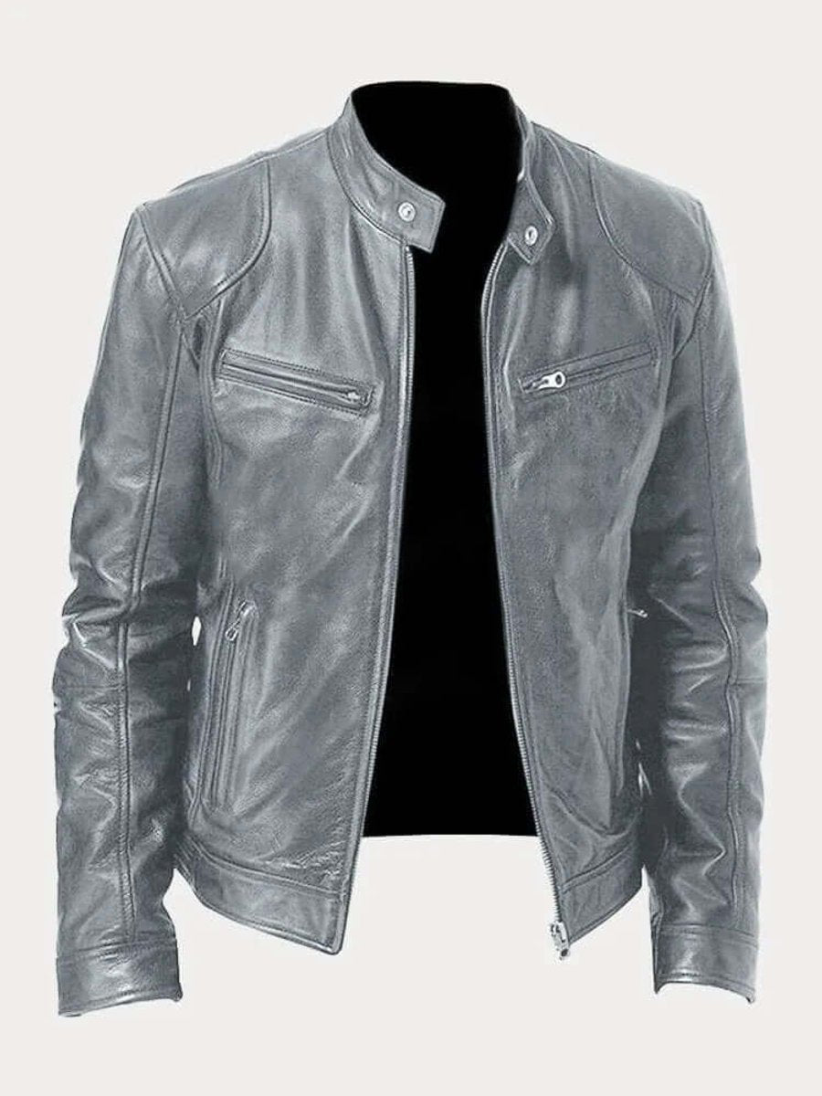 Classic Stand Collar Genuine Leather Biker Jacket