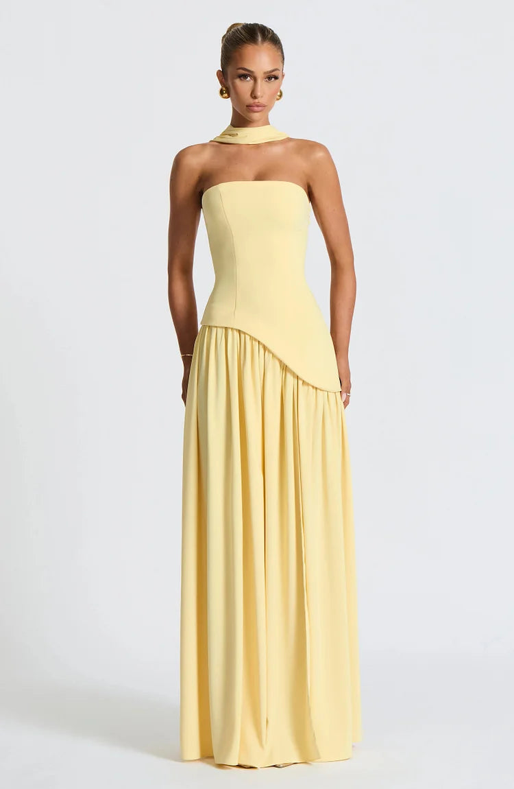 Strapless Asymmetric Hem Chiffon Maxi Dress