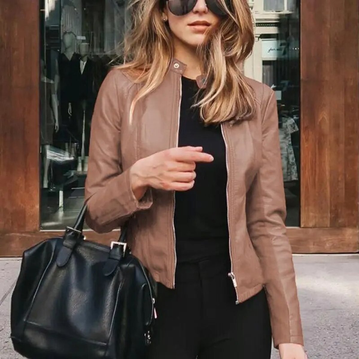 Cropped Stand Collar Faux Leather Zip Jacket