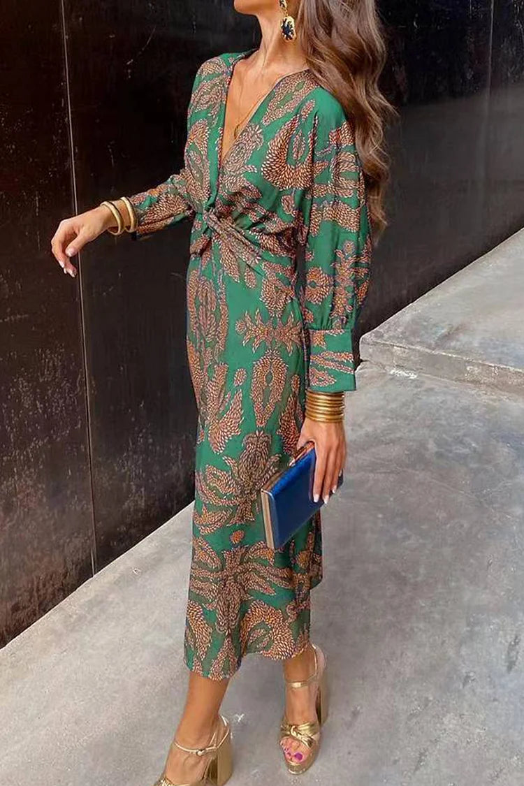 Floral Ruched V-Neck Three-Quarter Sleeve Midi Dress