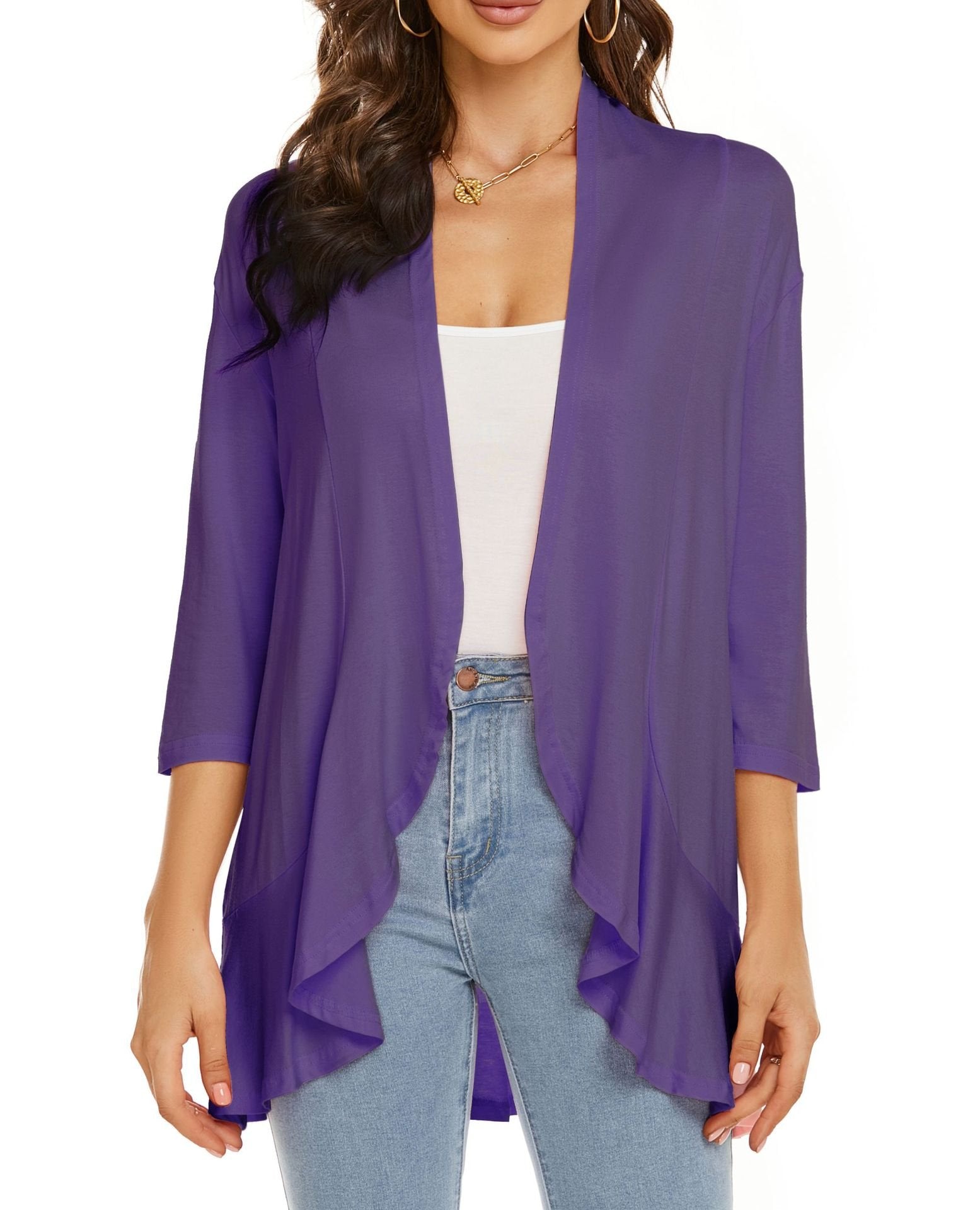 Open Front Draped 3/4 Sleeve Lightweight Cardigan