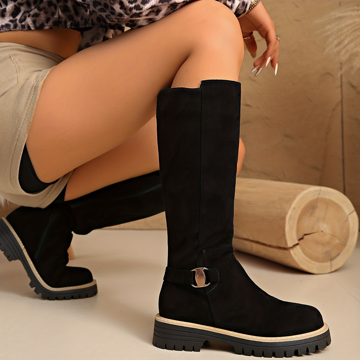 Knee-High Boots with Block Heel and Lug Sole