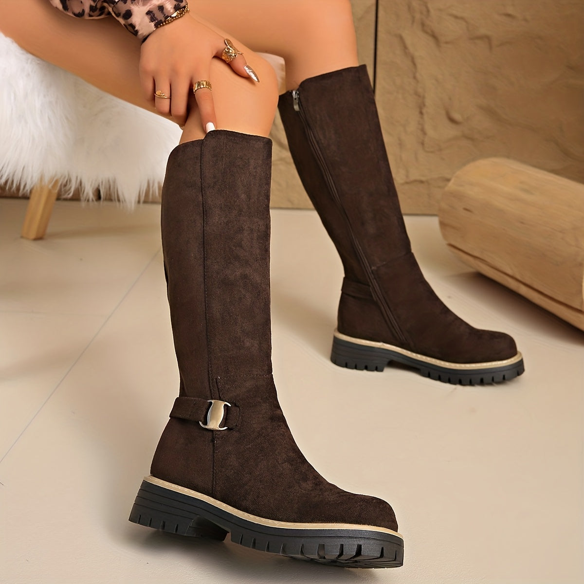Knee-High Boots with Block Heel and Lug Sole