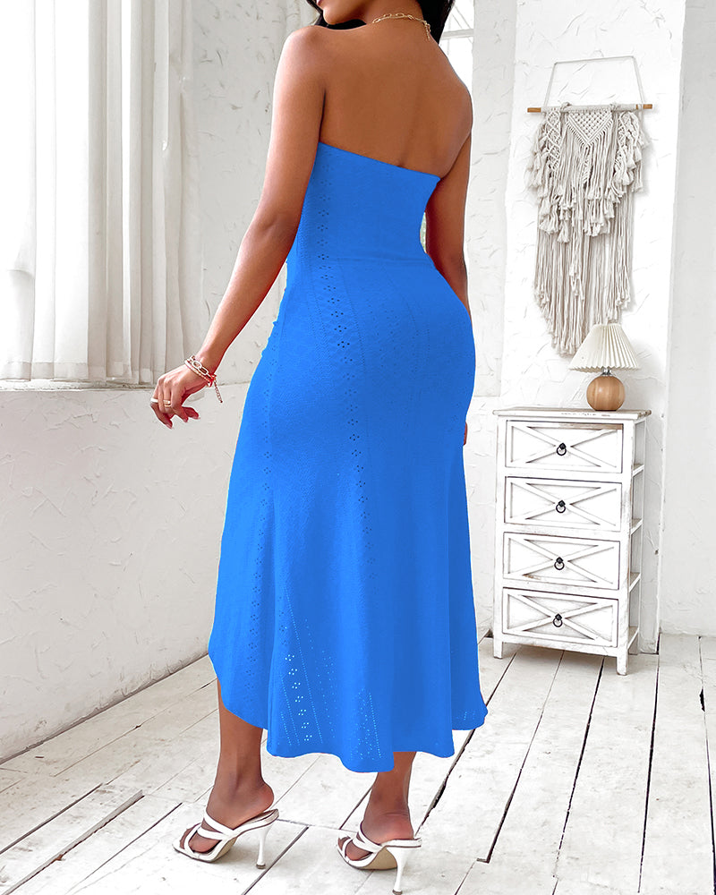 Ruched Bandeau Maxi Dress With Eyelet Embroidery