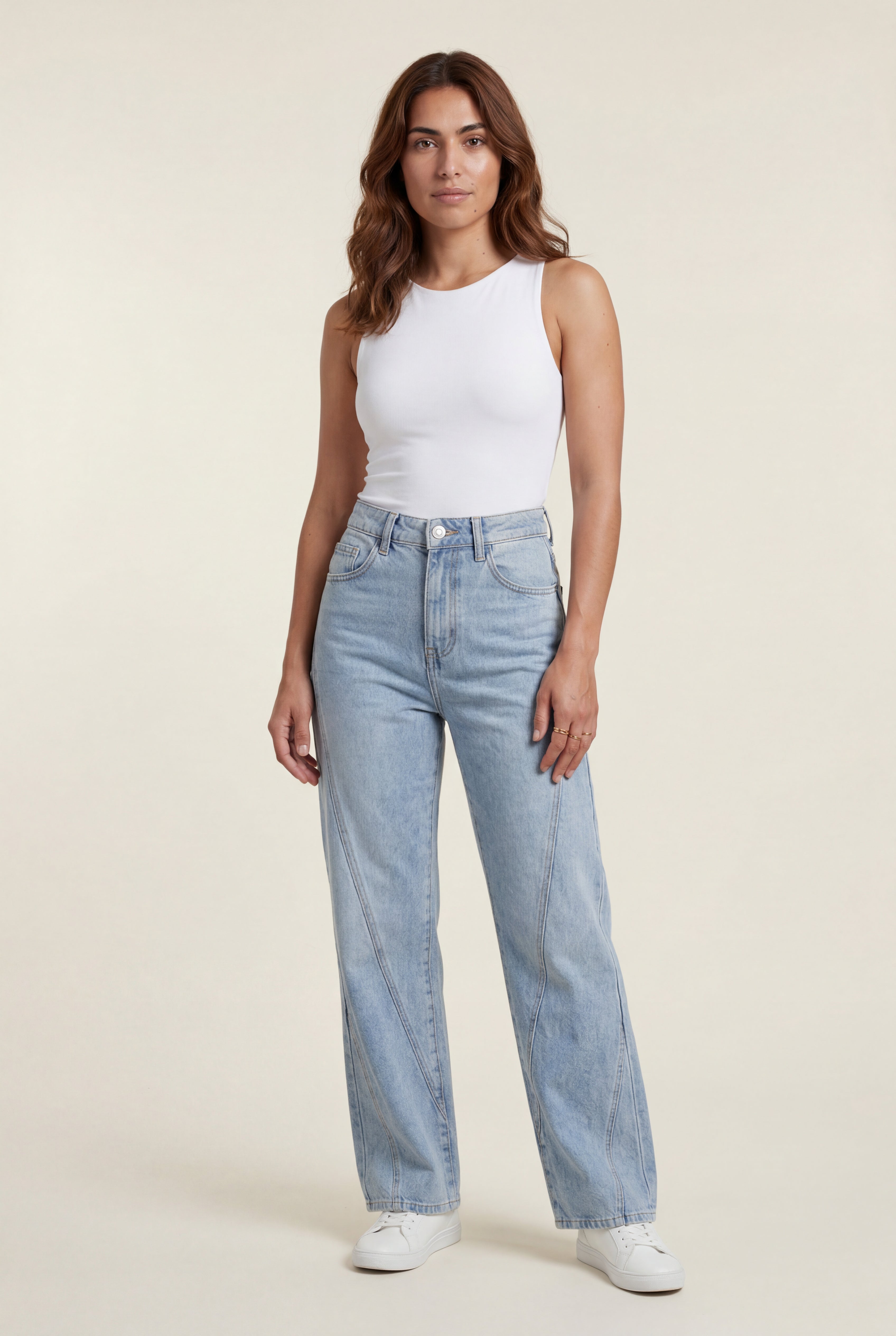 Angled Seam High Waist Straight Leg Jeans