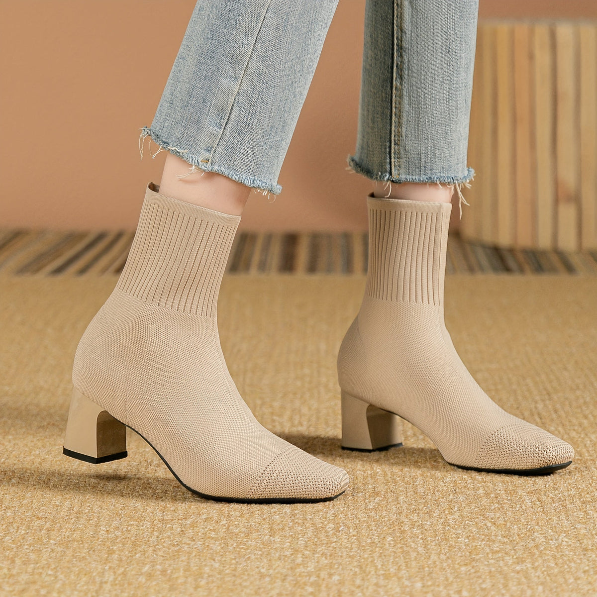 Stretch Knit Ankle Boots with Block Heel