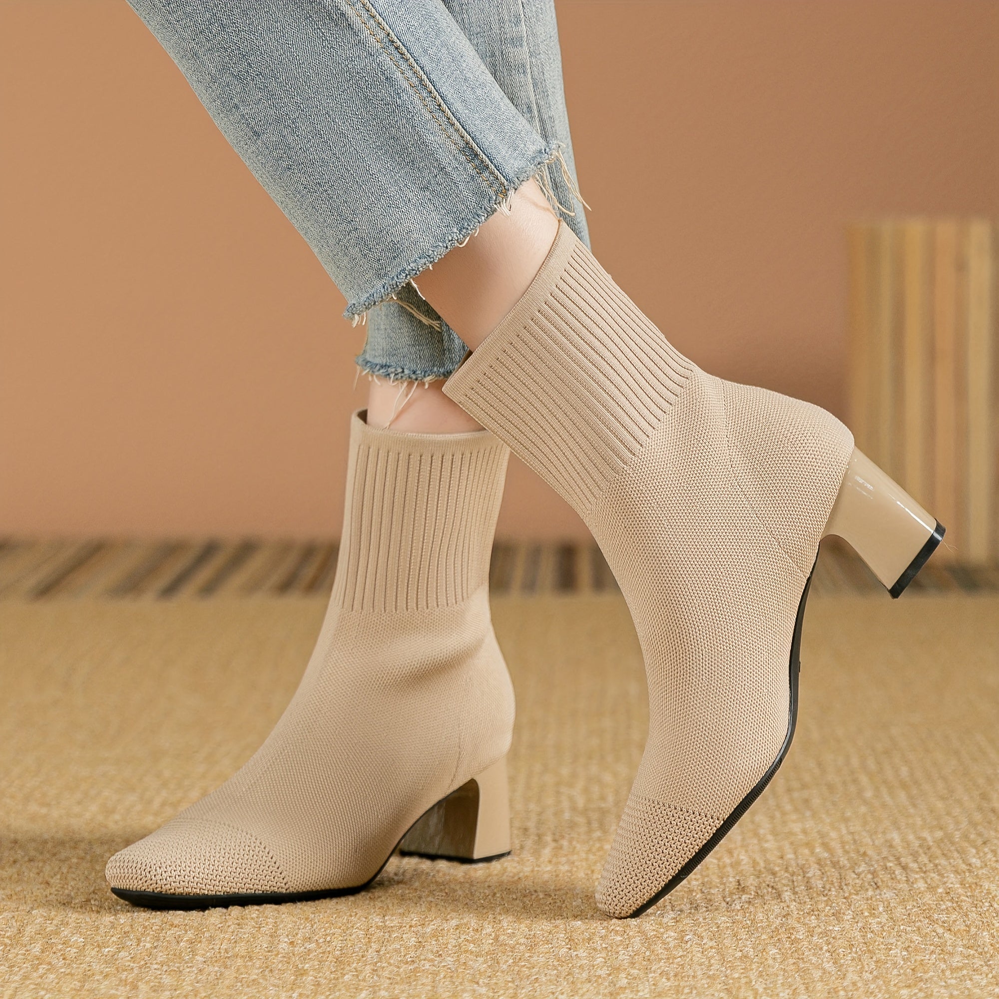 Stretch Knit Ankle Boots with Block Heel