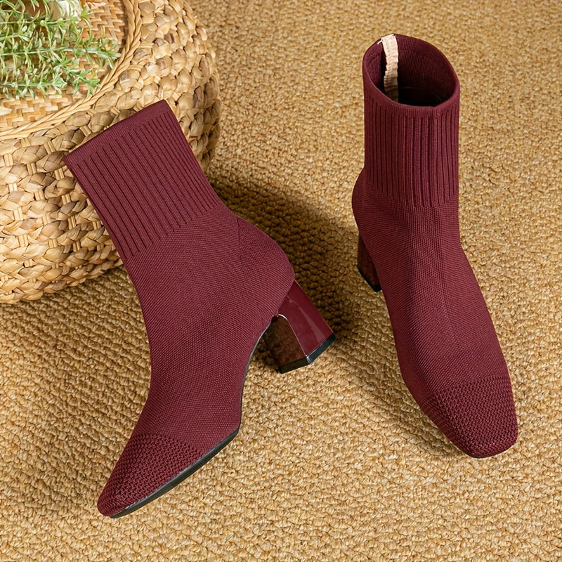 Stretch Knit Ankle Boots with Block Heel